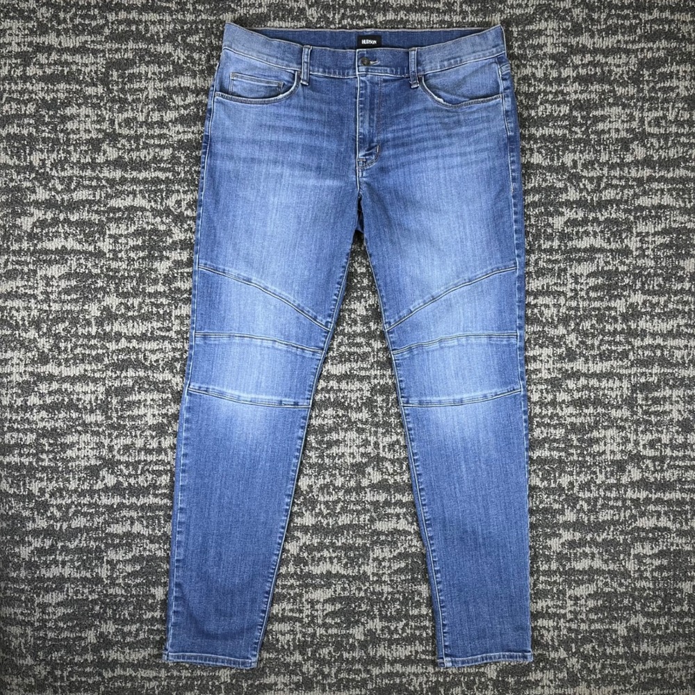 Hudson Ethan Moto Slim Jeans Mens 36 Blue Medium Wash Articulated Knee Stretch